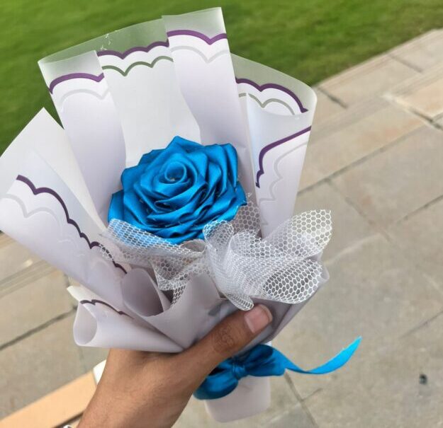 Order - Blue Color 1 Rose Bouquet Handmade - Delivery in 2 days (Red , Maroon , purple , black , white , Brown Available)